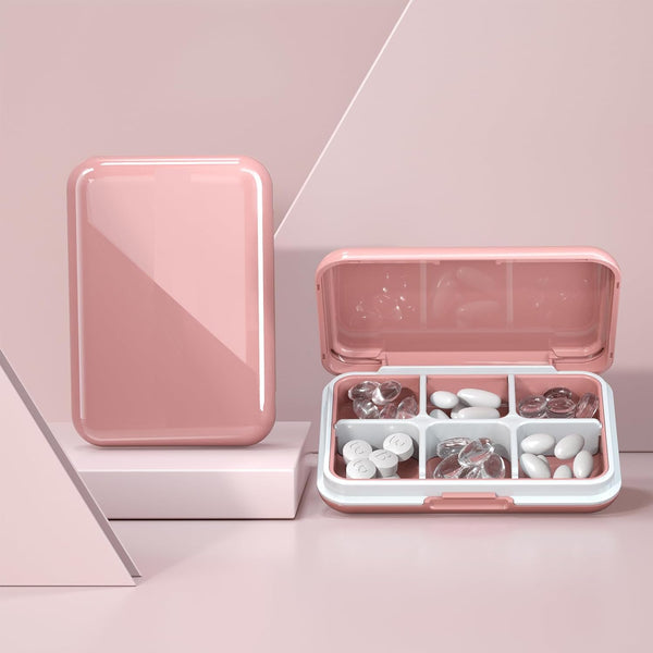 Large Pink Pill Box, Waterproof Travel Pill Case, Portable Daily Pill Container, 6 Compartments, Compact Medicine