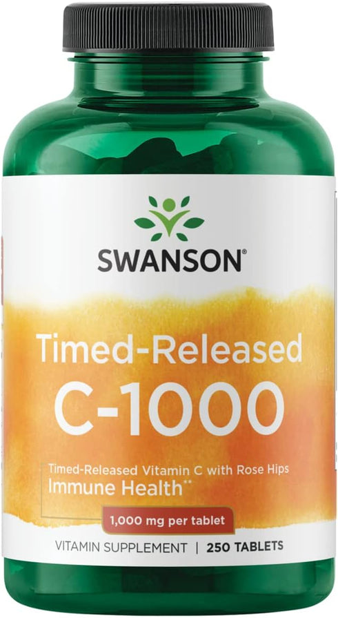 Swanson Timed-Release Vitamin C with Rose Hips - Immune System Support, Antioxidant Supplement - 1000 mg, 250 Tablets