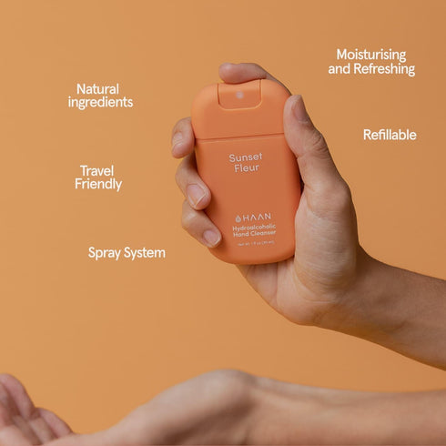 Sunset 3 HAAN Hydrating Hand Cleansing Spray - Hydrating Cleansers for Fresh Hands- Moisturizes and Refreshes - Travel