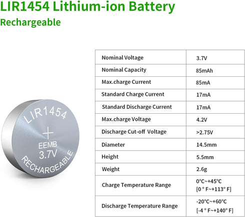 EEMB 4PACK LIR1454 Rechargeable Battery 3.7V Lithium-ion Button Batteries Coin Cell Battery for Earphone Wearable Device Watch