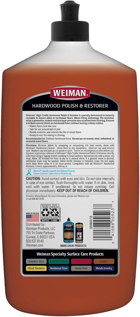 Weiman Wood Floor Polish and Restorer 32 Oz 3PC Bundle - High-Traffic Hardwood Floor, Natural Shine, Removes Scratches, Leaves Protective Layer