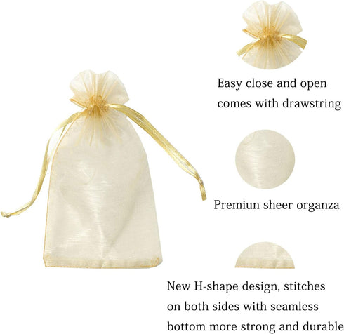 100pcs 5x7 inch Gold Gifts Wrap Bags, Organza Sheer Fabric Bulk, Drawstring Reusable Pouch for Baby Shower Favor, Craft