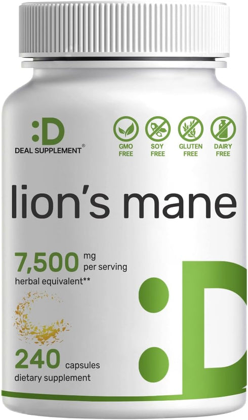 Lions Mane Mushroom Supplement, 7,500mg Per Serving, 240 Capsules - Natural Brain Nootropic Booster