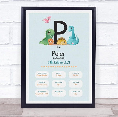 The Card Zoo New Baby Birth Details Christening Nursery Dinosaur Initial P Gift Print