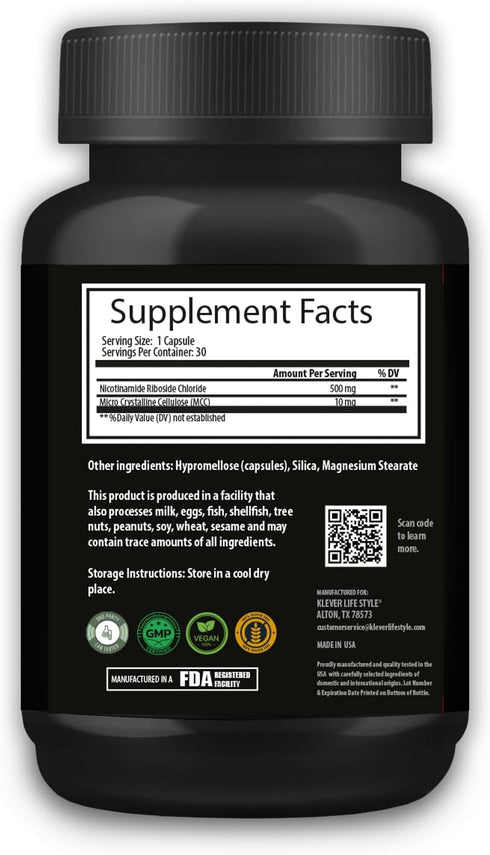 Klever Lifestyle Nicotinamide Riboside Supplement - Cellular Function & Anti Aging Support, Vitamin B3 Family, 500mg