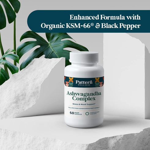 Pattern Wellness Ashwagandha Complex - KSM-66 & Black Pepper Extract for Stress & Mood - 60 Vegan Caps