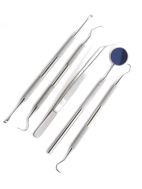 Dental Hygiene Set of 5 - Stainless Steel Tarter Scraper, Toothpick, Mouth Mirror, Ideal for Personal Use