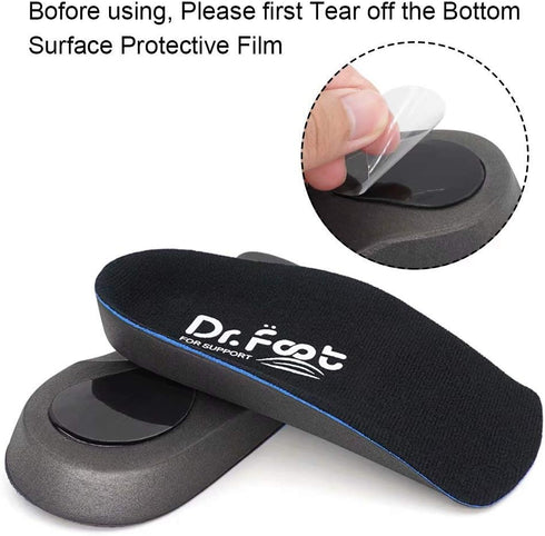 Dr. Foot's 3/4 Length Orthotic Inserts, Self-Adhesive Half Shoe Insoles for Flat Feet, Plantar Fasciitis, Heel Spurs