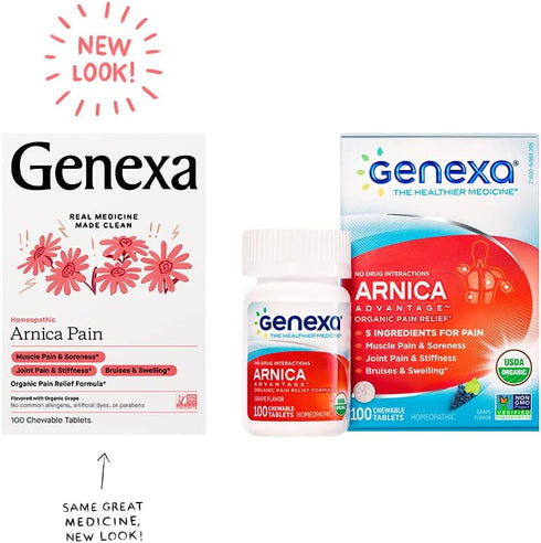 Genexa Arnica Tablets for Pain Relief Formula | Alleviate Muscle & Joint Pain, Soreness, & Stiffness | Delicious Organic Grape Flavor | Homeopathic Remedy Made Clean | 100 Chewable Tablets
