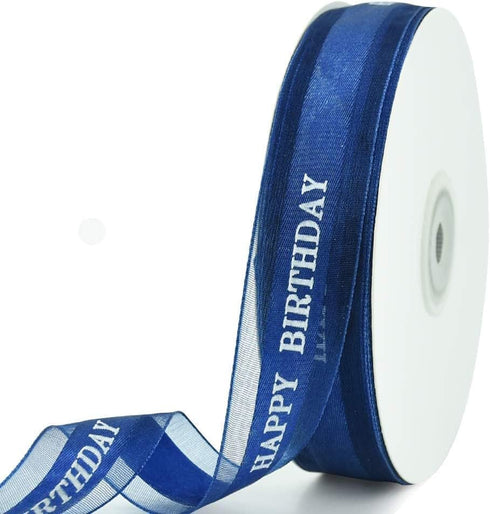 TONIFUL Happy Birthday Ribbon 1 Inch Navy Blue Satin Silk 50 Yards for Gift Wrapping, Birthday Party Supplies, Bouquet