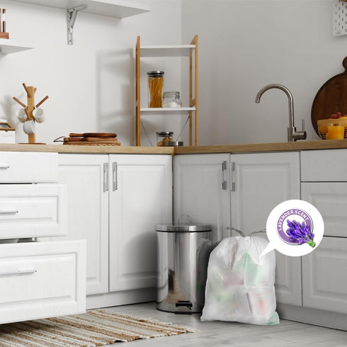 Aluf Plastics 8 Gallon White Drawstring Lavender Scented Trash Bags - 22" x 22" - Pack of 200 for Home, Kitchen,