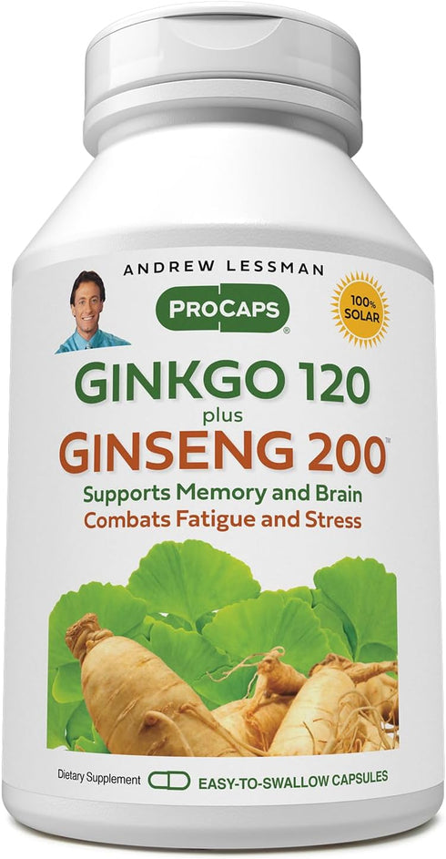 ANDREW LESSMAN Ginkgo 120 Plus Ginseng, 200mg Standardized Extract Blend, 60 Capsules for Brain and Cognitive Function