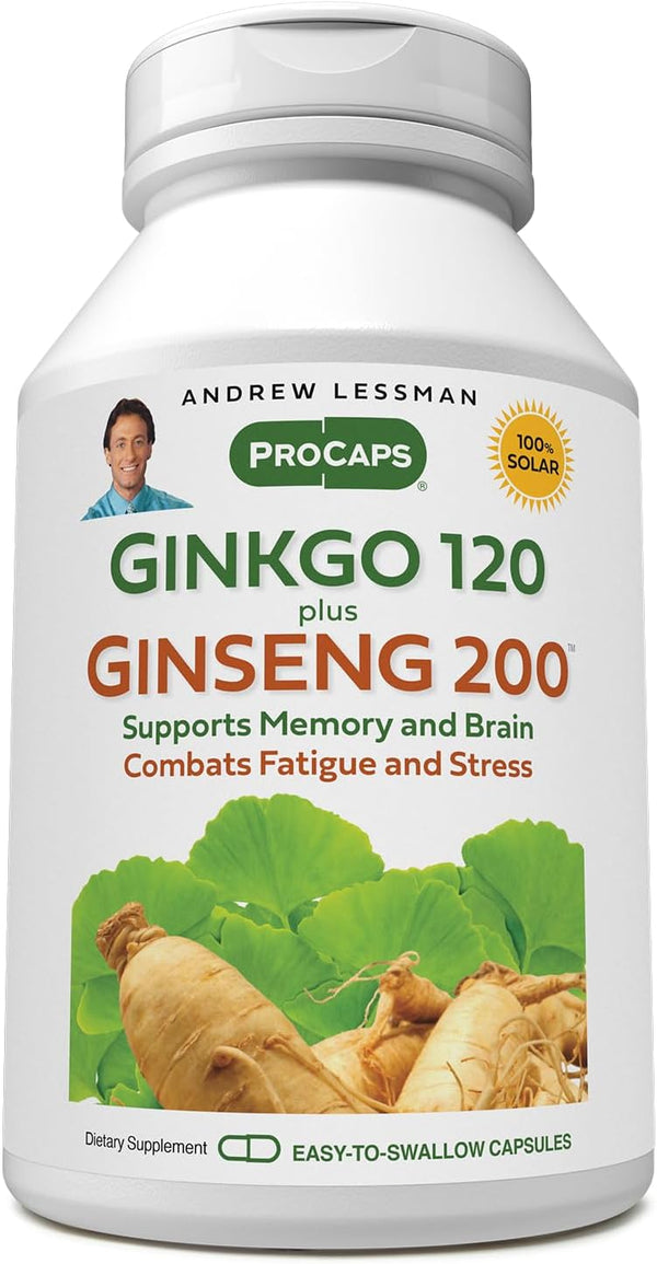 ANDREW LESSMAN Ginkgo 120 Plus Ginseng, 200mg Standardized Extract Blend, 60 Capsules for Brain and Cognitive Function
