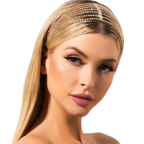Layered Head Chain - Rhinestone Hair Jewelry Gold Elastic Headpiece for Wedding, Crystal Prom Party Halloween for Women