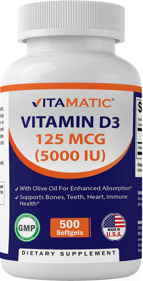 Vitamatic Vitamin D3 5000 IU (125 mcg) - 500 Softgels (Olive Oil Based) - 500 Days Supply for Healthy Muscle Function &