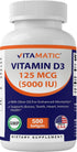Vitamatic Vitamin D3 5000 IU (125 mcg) - 500 Softgels (Olive Oil Based) - 500 Days Supply for Healthy Muscle Function &