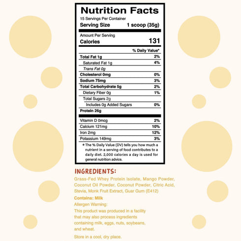Coconut Mango Cream Boba Tea Whey Protein Isolate | 26g Grass-fed Whey Isolate Protein per Serving | No Added Sugars