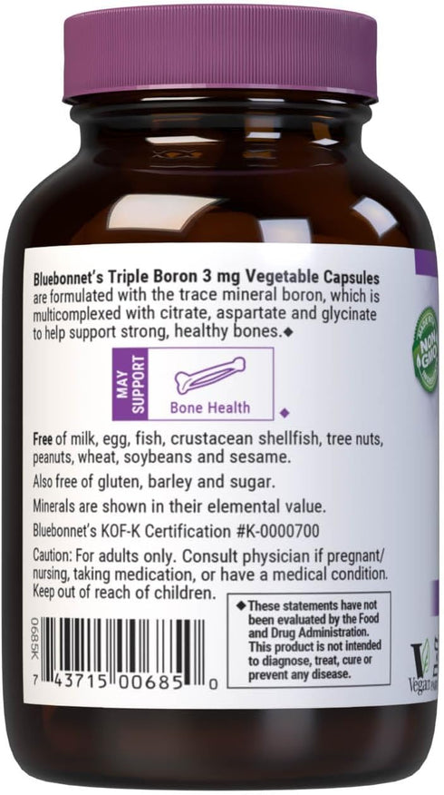 Bluebonnet Triple Boron 3 mg Trace Mineral Bone Support Supplement, 90 Vegetarian Capsules