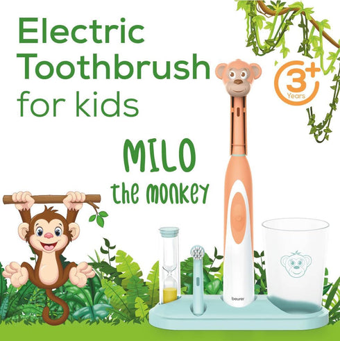 Beurer TB10 Kids Electric Toothbrush Kit - Fun Milo The Monkey Cap, 2 Extra-Soft Brush Heads, 2 Minute Timer