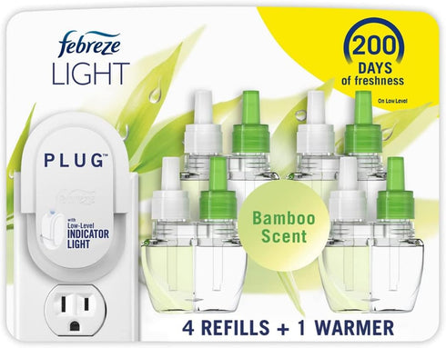 Febreze Plug In Air Fresheners, Light Bamboo, 1 Warmer + 4 Oil Refills, Odor Fighter for Strong Odors