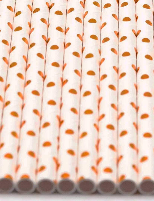 Pack of 150 Rose Gold Polka Dot Foil Biodegradable Paper Drinking Straws, 4-Ply, Compostable, Non-toxic