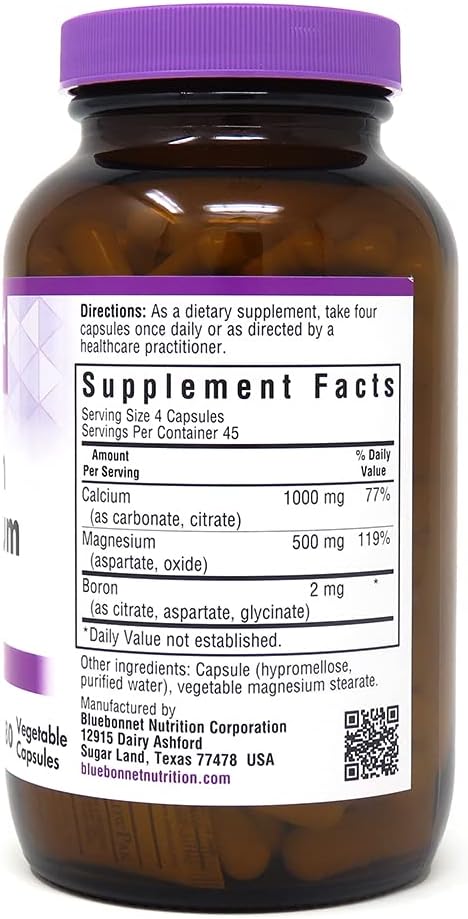 BlueBonnet Calcium Magnesium Plus Boron Vegetarian Capsules, Off-White, 180 Count