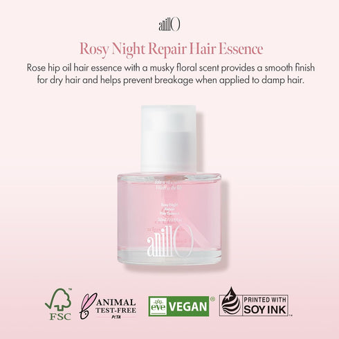 Rosy Night Repair Hair Essence, Vegan Hair Essence Oil with Damask Rose Extract, Rosehip Oil, Peptide Complex for Dry, Damaged, Frizzy Hair, Musky Floral Scent, Paraben Free 50ml / 1.69 fl. Oz