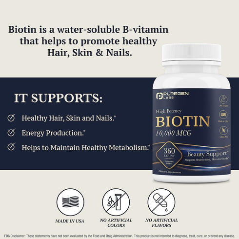 Puregen Labs Biotin 10,000 MCG - High Potency Beauty Support for Healthy Hair, Skin & Nails - Non-GMO, Gluten Free |