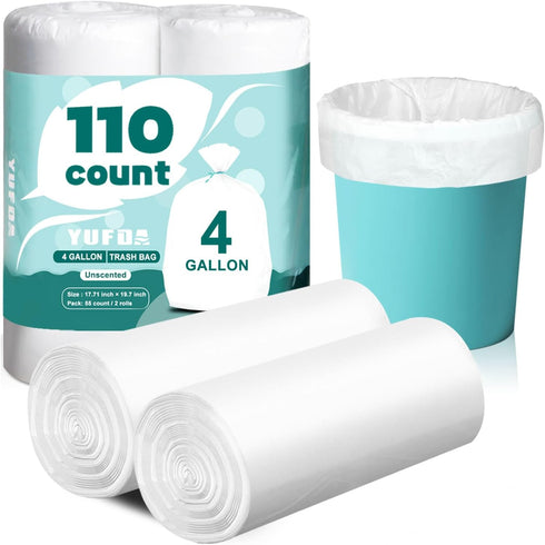 YUFDA 4 Gallon Trash Bags, 110 Count, Small Trash Bags for Bathroom, White, Point-Break Design