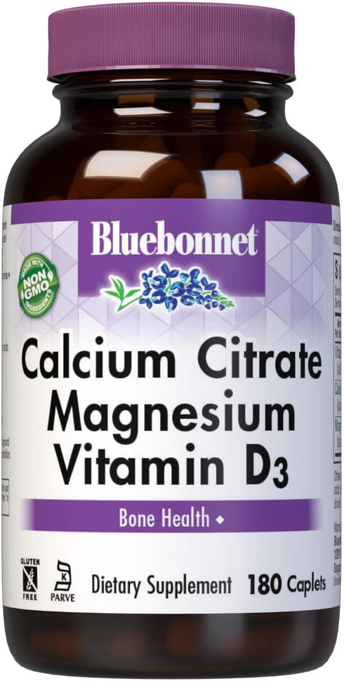 Bluebonnet Nutrition Calcium Citrate Magnesium Plus Vitamin D3 Caplets, Bone Health, 180 Count