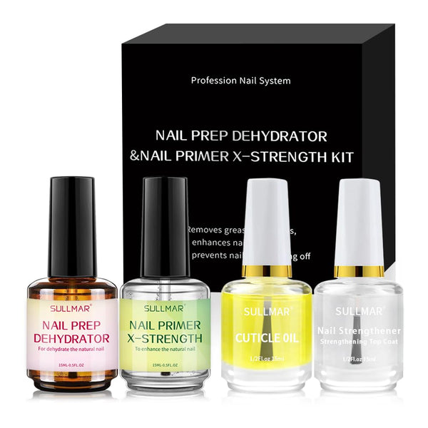 Nail Prep Dehydrator & Primer X-Strength Set, 15ml Nail Care Kit with Nail Cuticle Oil and Strengthener for Acrylic
