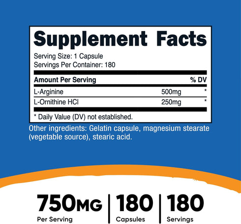 L-Arginine L-Ornithine Supplement by Nutricost, 750mg, 180 Capsules