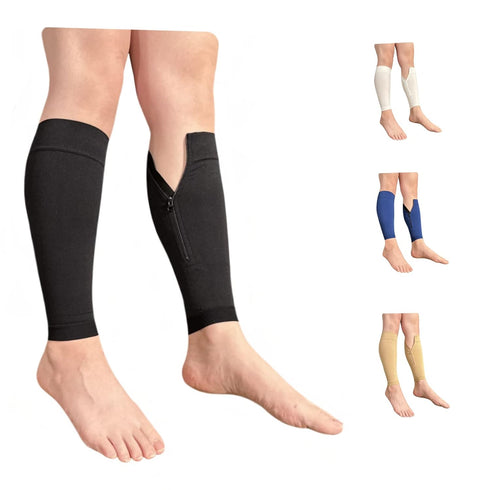 Ziperior Inside Leg 20-30 mmHg Compression Shin Calf No Foot Zipper Sleeves (Black,