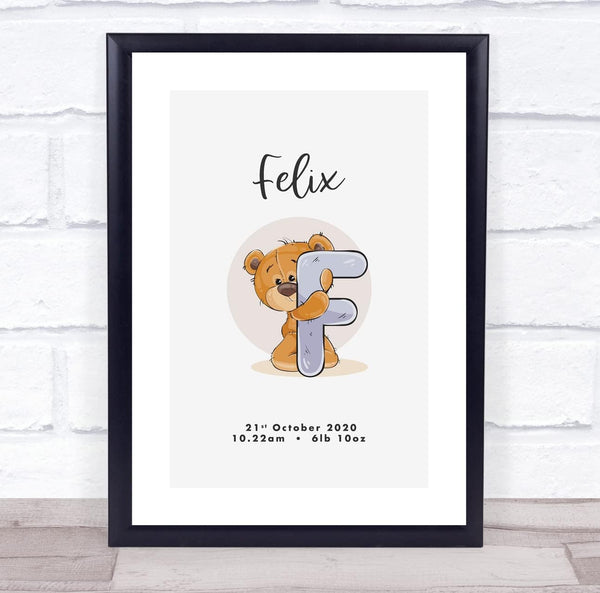 The Card Zoo New Baby Birth Details Christening Nursery Bear Initial F Keepsake Gift Print