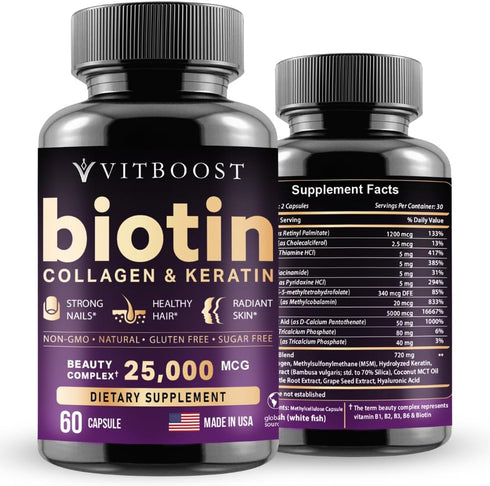 Biotin with Hyaluronic Acid, Collagen and Keratin – 25000 mcg Hair Growth Vitamins for Men and Women – 60 Capsules