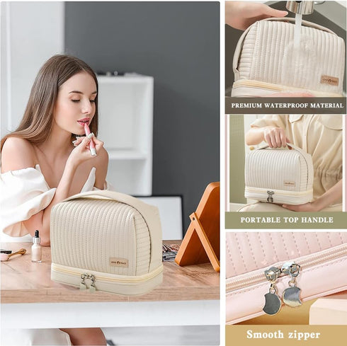 Cute Cosmetic Bag Makeup Bag Set of 3 Travel Toiletry Bag Women Cosmetic Bag Organizer Waterproof Leather Cosmetic Bag Set With Handle Zipper Cosmetic Bag On-the-Go Cosmetic Bag(Off-white color)