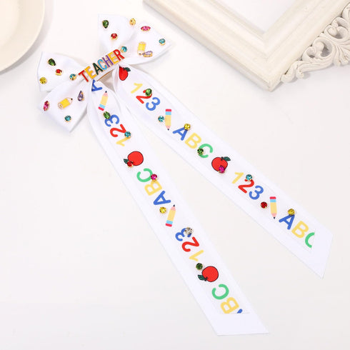 Teacher Hair Bows for Women Teacher ABC Pencil Hair Bow Clips Jeweled Satin Ribbon Bow Barrette Hair Clip Back to School Accessories Teacher Appreciation Gifts (Teacher ABC)