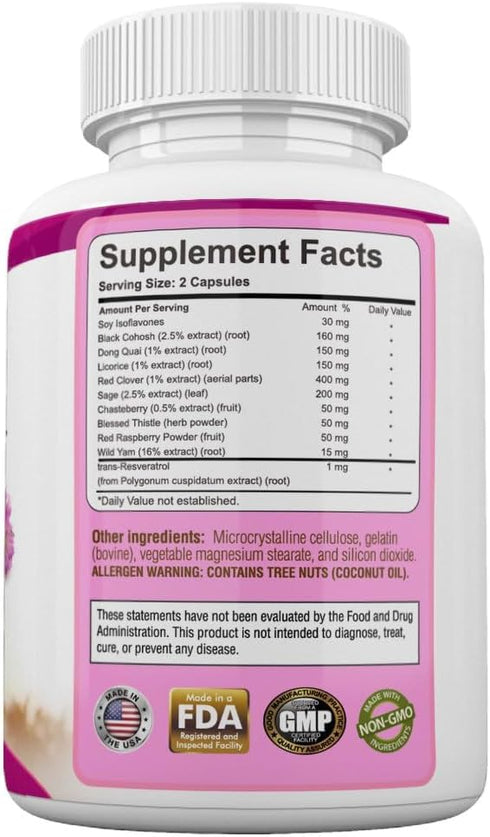 Menopause Relief Support Supplement for Hot Flashes, Hormonal Balance, Wild Yam, Black Cohosh, Red Clover