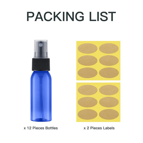 LISAPACK 1oz Small Plastic Blue Spray Bottle (12 Pack) - Empty Mini Fine Mist Travel Size Atomizer for Little Perfume,