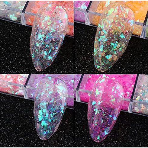 Mermaid Flake Nail Glitter Sequins, CHANGAR Iridescent Ice Slag Colorful Fluorescent Glass Paper Nail Sticker