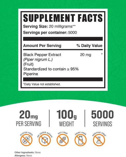 BulkSupplements.com Black Pepper Extract Powder - Gluten Free Black Pepper Supplements, 20mg per Serving, 100g