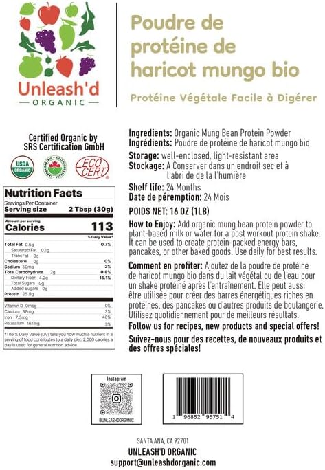 UNLEASH'D ORGANIC 16 oz 100% Organic Mung Bean Protein Powder Pure Plant-Based Protein, Rich in Vitamins, Minerals