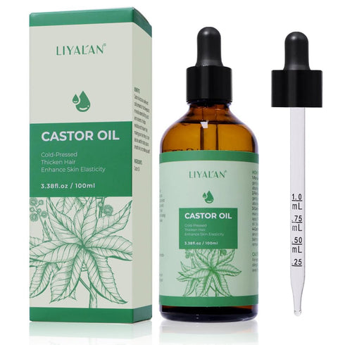 LIYALAN Pure Castor Oil - Cold Pressed Unrefined Hair Oil for Thicken Hair, Nourish Hair & Scalp, Glass Bottle, 3.38 fl