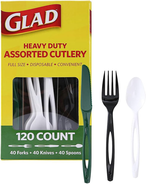 Glad Plastic Heavy Duty Forks, 120ct Green, White, Black Cutlery, Sturdy Disposable Party Utensils Set
