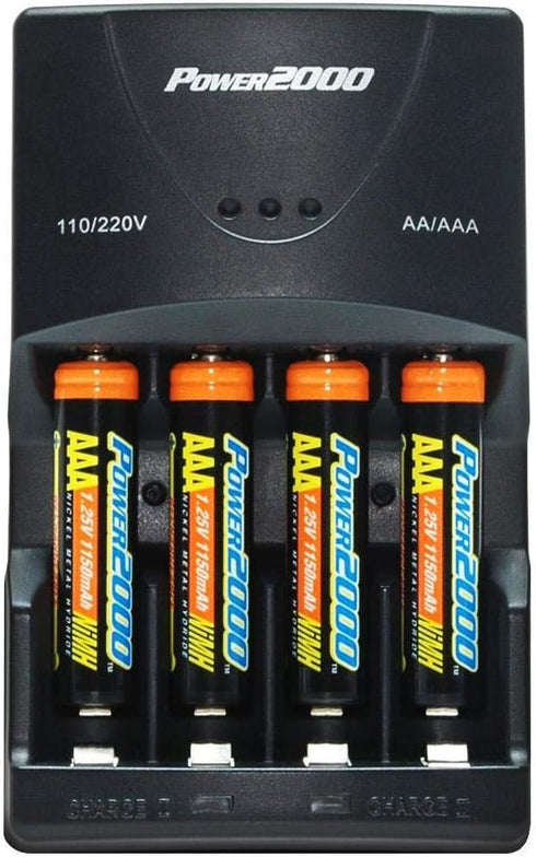Power2000 4 AAA Nickel Metal Hydride (NiMH) 1000mAh Rechargeable Batteries & 110/220V Rapid Charger