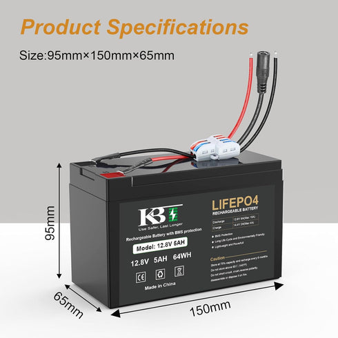 KBT KEEP BETTER TECH 12V 5Ah LiFePO4 Pack 12V KBT Rechargeable Battery, Bare Leads Wire Replacement Battery