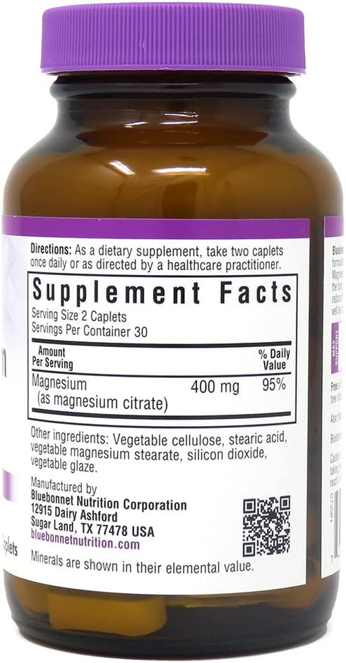 Bluebonnet Nutrition Magnesium Citrate 400mg, 60 Caplets, Maximum Absorption, Vegan, Gluten-Free