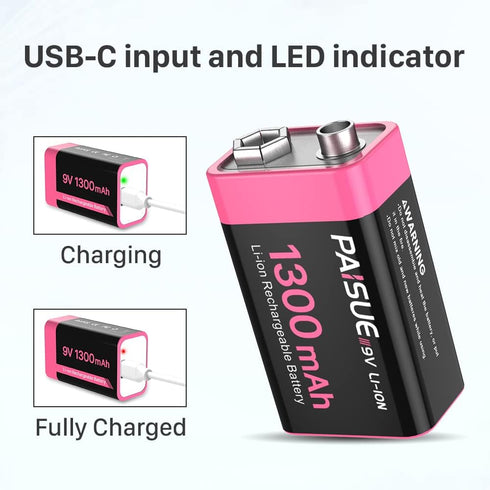 9V Rechargeable Batteries, 1300mAh High Capacity Lithium-ion with 2 in 1 USB C Fast Charging Cable, 2 Count