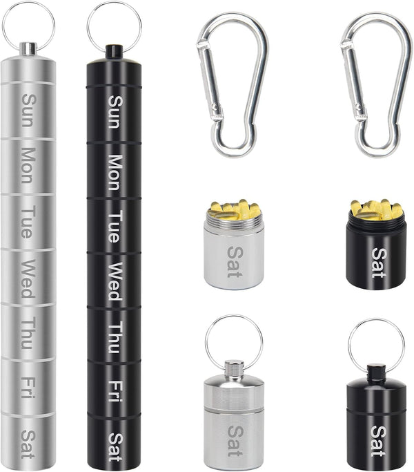 AngleKai Small Portable Pill Case Keychain, 2 Pack Waterproof Pill Organizer, Aluminium Alloy Medicine Bottle for Travel