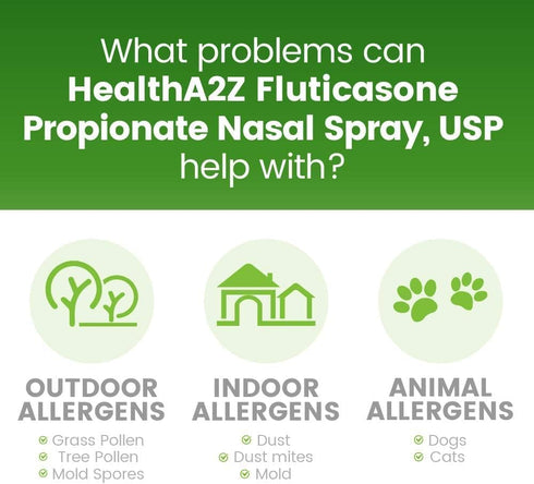 HealthA2Z 50mcg, 24-Hour 240 (2 Pack, 120 Allergy Relief, Fluticasone Propionate Nasal Spray, Allergy Relief, Dye Free